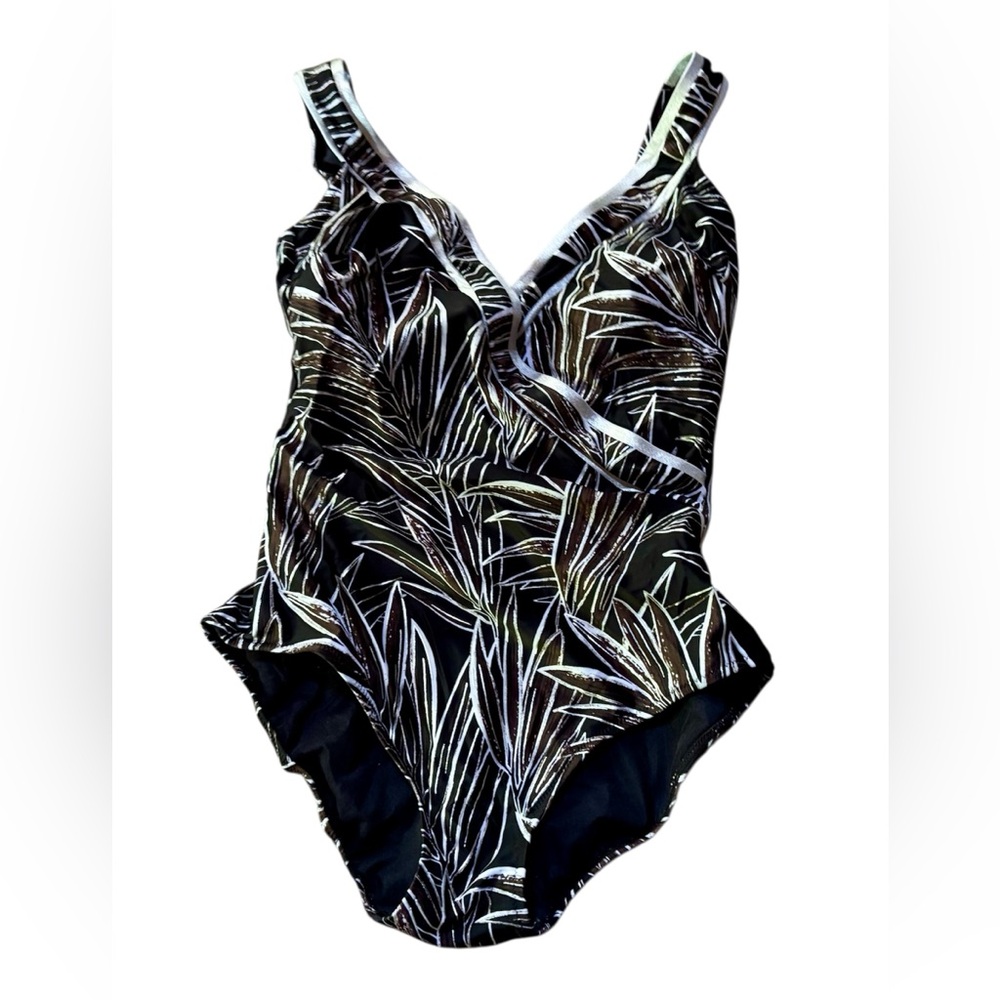 Gottex Slimming One Piece Swimsuit Palm Leaves Shimmery Silver Size 12